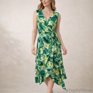 Unique Vintage Green & Yellow Palm Print Wrap Midi Dress M Vacation Tropical